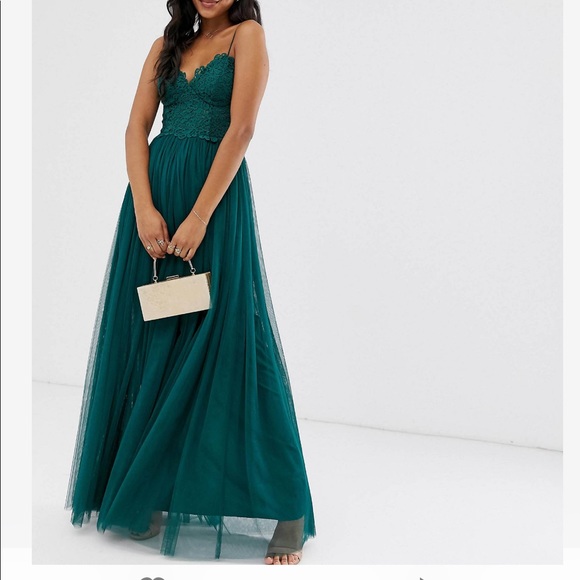 asos design premium lace cami top tulle maxi dress